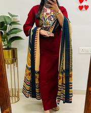 Women Red Kurta Pant Dupatta Set Indian Ethnic Printed 3 Piece Suit