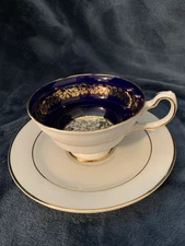 Antique Teacup & Saucer Cobalt Blue & Gold Floral Pattern Bone China England EUC