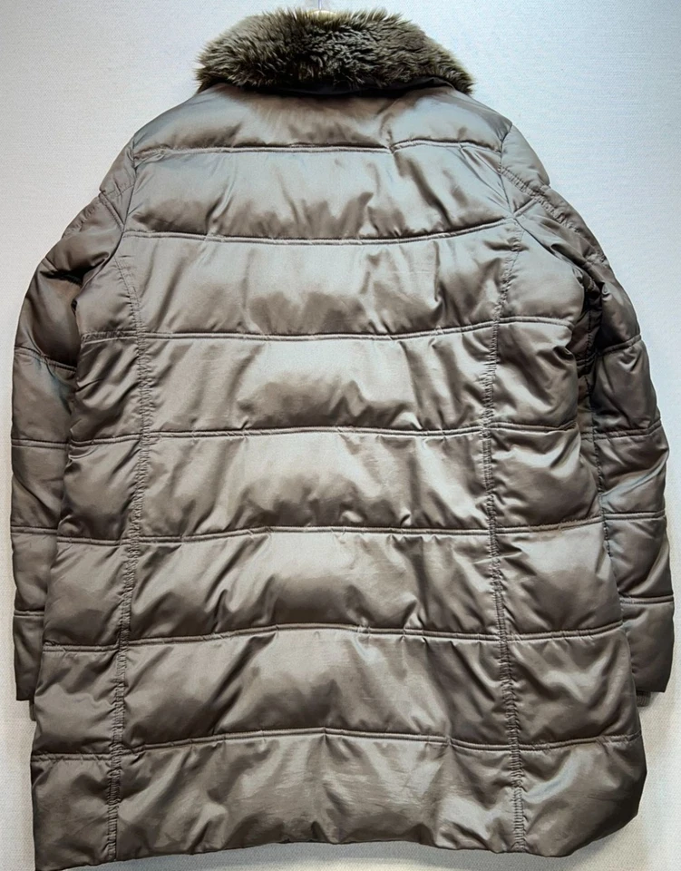 Abrigo acolchado aislante Land's End para mujer cuello de piel sintética cremallera completa talla L topo Foto 2 de 4