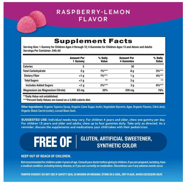 Gomitas de magnesio CALM | 240 gomitas veganas frambuesa limón | de Natural Vitality Foto 2 de 4