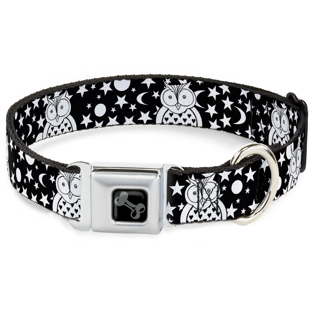 Dog Collar Bone Owls Black/White2 Large 15-24"