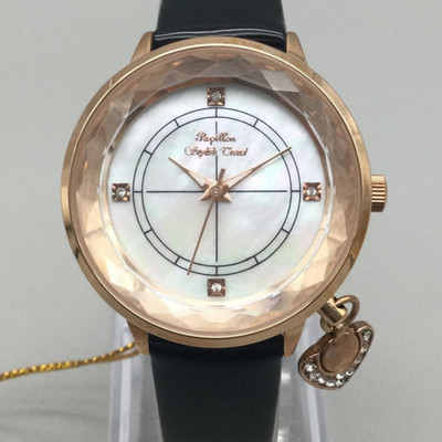 Papillon Womens Watch 32mm Rose Gold Black Leather Band Heart Charm New Battery