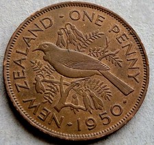  1950 NEW ZEALAND ONE PENNY COIN-TUI BIRD