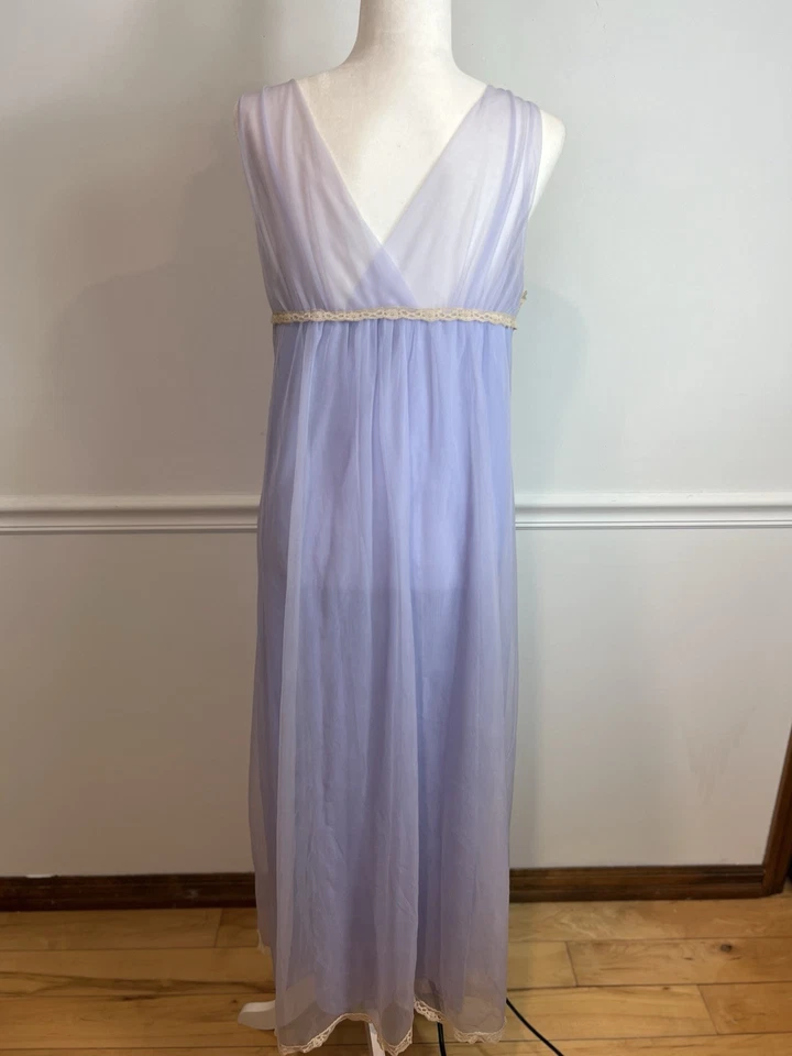 Винтажная ночная рубашка Aristocraft синяя кружевная средний размер 1960-е ретро прозрачная подкладка - Изображение 2 из 4