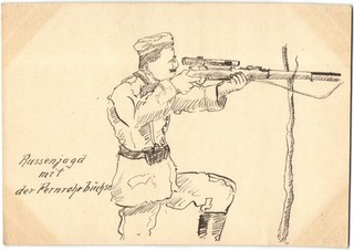 German WWI Original Hand Drawn Ink Sketch Sniper Ready Hunting Russians