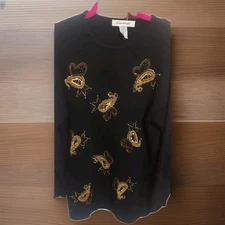 Evan Picone VTG Sweater Black Gold Beaded Lambs Wool Angora Rabbit Hair Jumper M