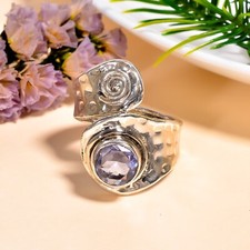 Light Purple Amethyst Cut Stone 925 Sterling Silver Hammered Adjustable Ring