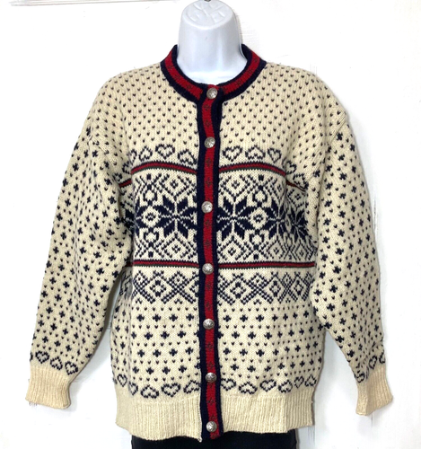 L.L. BEAN VINTAGE SNOWFLAKE FAIR ISLE 100% WOOL CARDIGAN SWEATER, WOMEN'S M - Picture 1 of 4