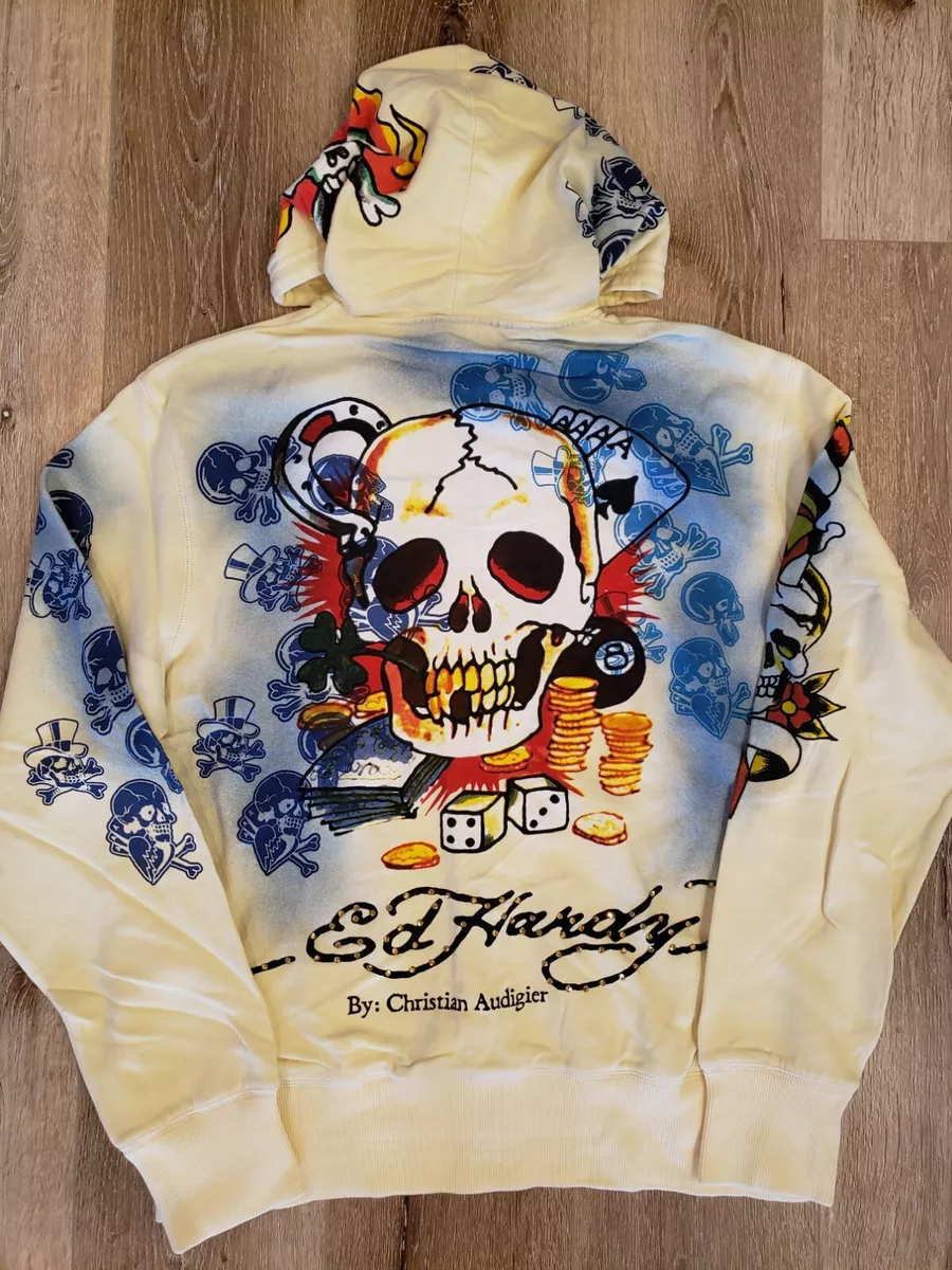 Ed Hardy by Christian Audigier Multi Color Men Vintage Hoodie Flamming Skull