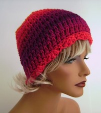 BRIGHT MULTI SCALLOPED BEANIE CAP HAT HAND CROCHET BERET SKULL CAP CLOCHE TAM