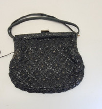 Vintage Antique Leather Black Clutch Purse Handbag Wallet Victorian Textured