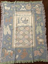 Vintage Baby Blanket Throw BEDDING Red Calliope Crafts Fringe Pastels Lullabye