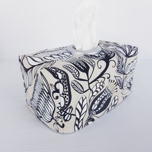 Tissue Box Cover Handmade Beige Black Tribal Print Silver Circle Opening - Picture 12 of 18