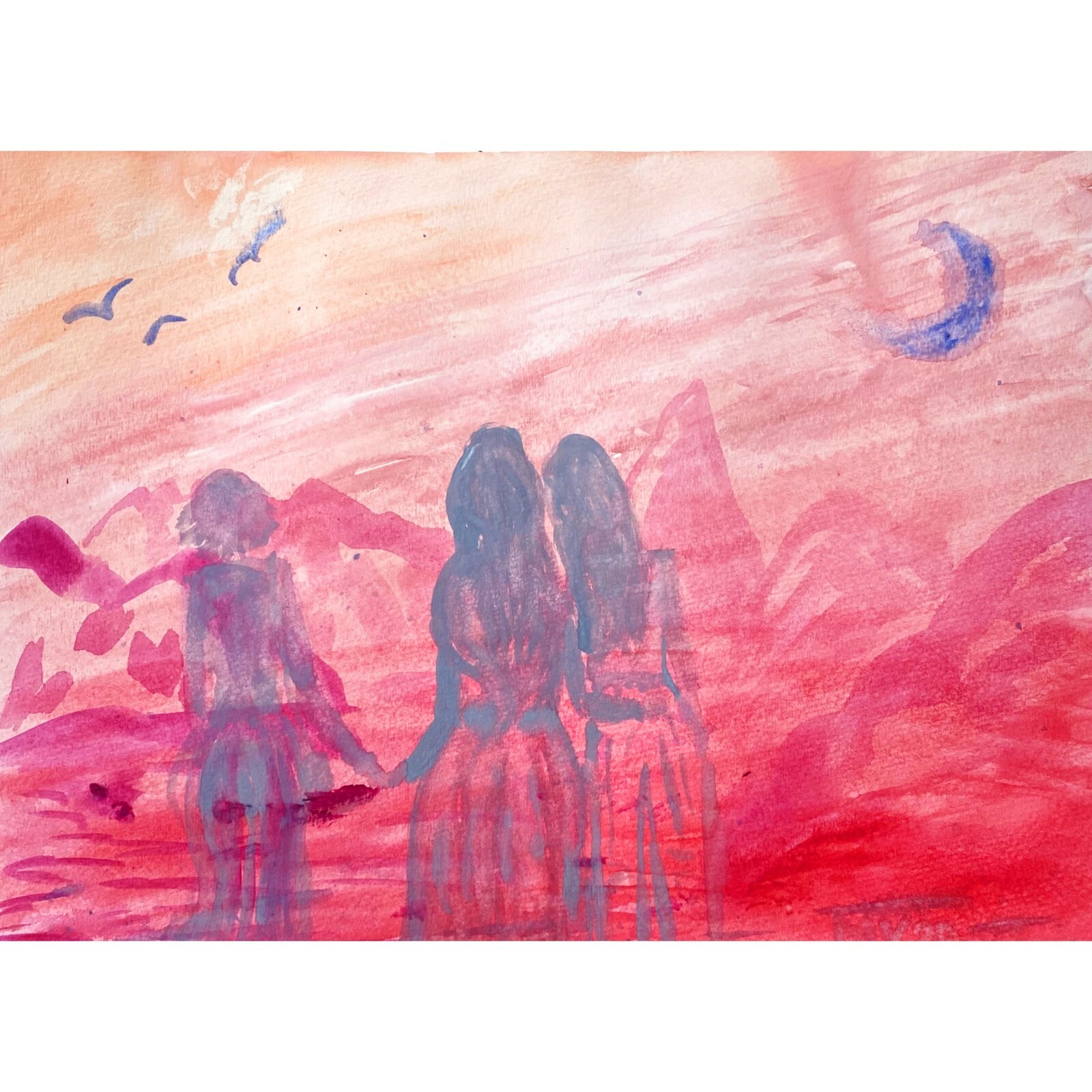 Mother and Two Daughters Watercolor Painting Mountain Scene Three Sisters Wall Art