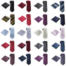 Men 8CM Wide Stripe Necktie Pocket Square Tie Handkerchief Wedding Party Set