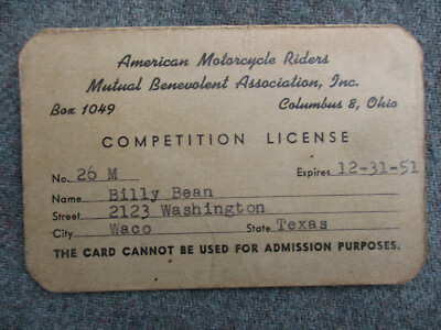 VTG 1951 AMERICAN MOTORCYCLE RIDERS MUTUAL BENEVOLENT ASSOC COMPETITION LICENSE