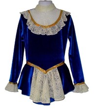 Girls Figure Skating Dress Blue Velvet Ivory Lace Victorian themed Long Sleeve