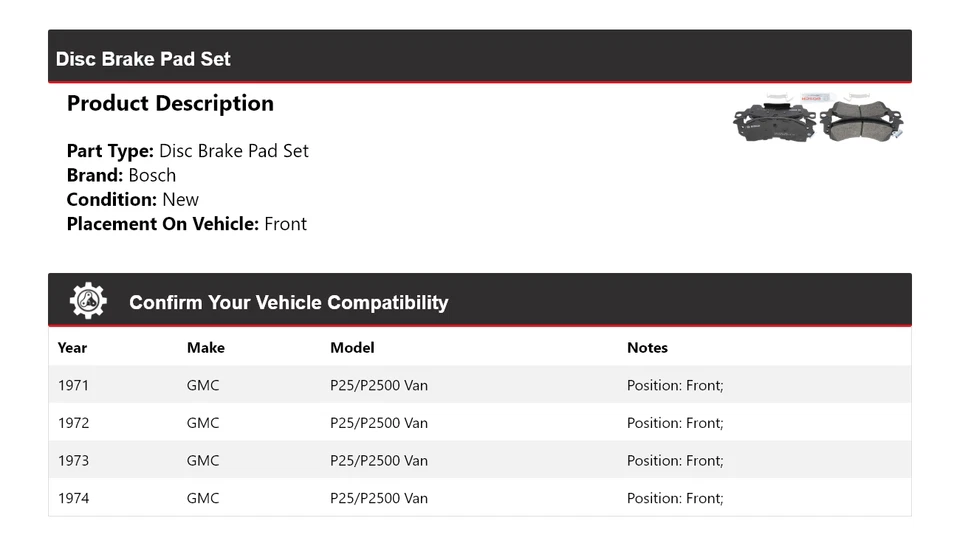 Pastillas de freno delanteras semimetálicas Bosch QuietCast para furgoneta GMC P25/P2500 1971-1974 Foto 2 de 4