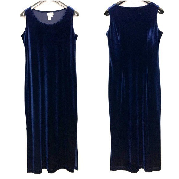Coldwater Creek Velvet Maxi Dress Womens Size M Sleeveless Shift Side Slit  Blue
