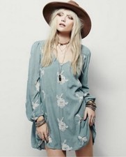 Free People Austin Emma Floral Mini Tunic Dress Embroidered, Gray/Blue, Size S