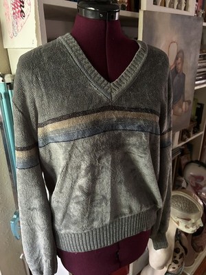 Vintage 70s Kennington California velour grey blue V-Neck Sweater Shirt small