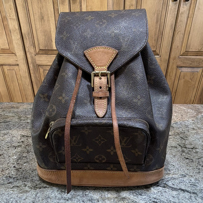 Louis Vuitton Monogram Drawstring Buckle Backpack Brown Gold, Front Zip Pocket