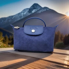 NWOT Longchamp Le Pliage Nylon Top Handle Cosmetics Case In Denim