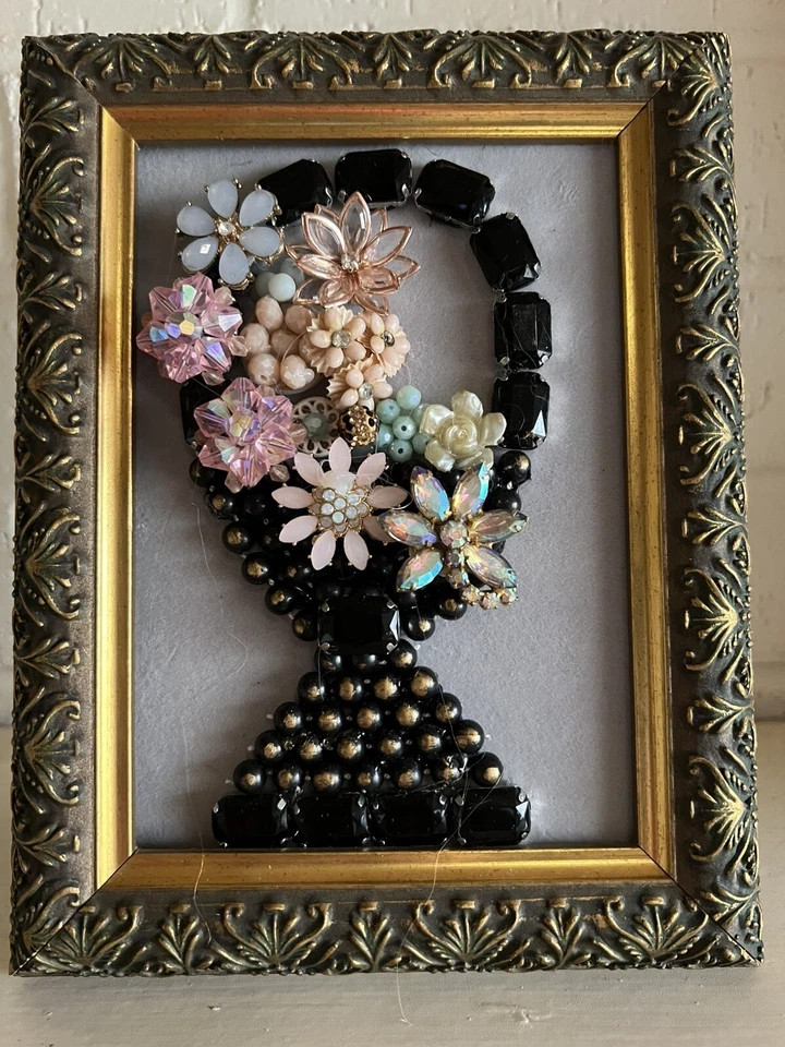 Vintage Contemporary jewelry art framed OOAK handmade shabby chic cottagecore