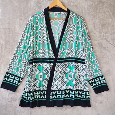 Susan Graver Cardigan Jacket Womens Size 2X Liquid Knit Teal Chain Link Print