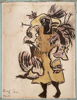Robel Paris Haiti Folk Art Mixed Media Drawing Figure Birds Vintage 11x9 Signed