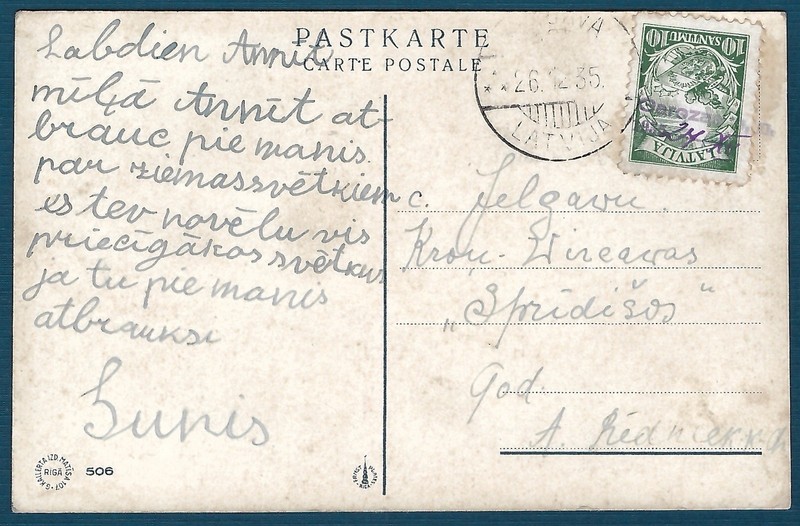LATVIA: 1935 Christmas Postcard w/Temporary Purple Handstamp - GAROZA, Rare
