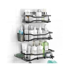 Bathroom Shower Caddy 3 Pack Stainless Steel Adhesive Shelves with Hooks, Black