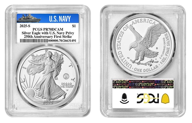 2025 S Silver American Eagle $1 US Navy Privy PCGS PR70DCAM First Strike #903