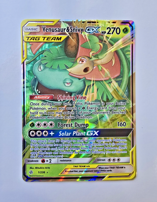 ULTRA RARE Venusaur & Snivy GX Tag Team 1/236 Pokemon SM Cosmic