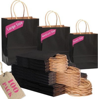 100-Packs Black Paper  Bags with Handles Bulk Assorted Sizes(33pcs Large 13'',