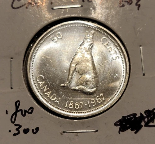 1967 Canadian Howling Wolf 50 Cents Half Dollar Canada 80% Silver Coin Unc #2