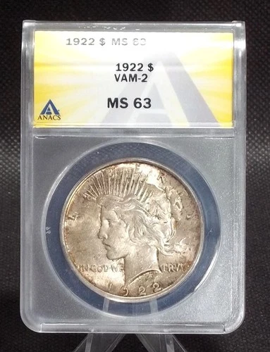 1922 Peace Silver Dollar ANACS MS 63 VAM-2 Normal Dies, Toning #3154
