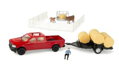 ERTL, Roter Pick-up mit Anhänger 6 Rundballen und Tieren, 1/32, ERT47598