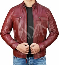 Veste de motard marron vintage en cuir véritable pur agneau pour homme - coll...