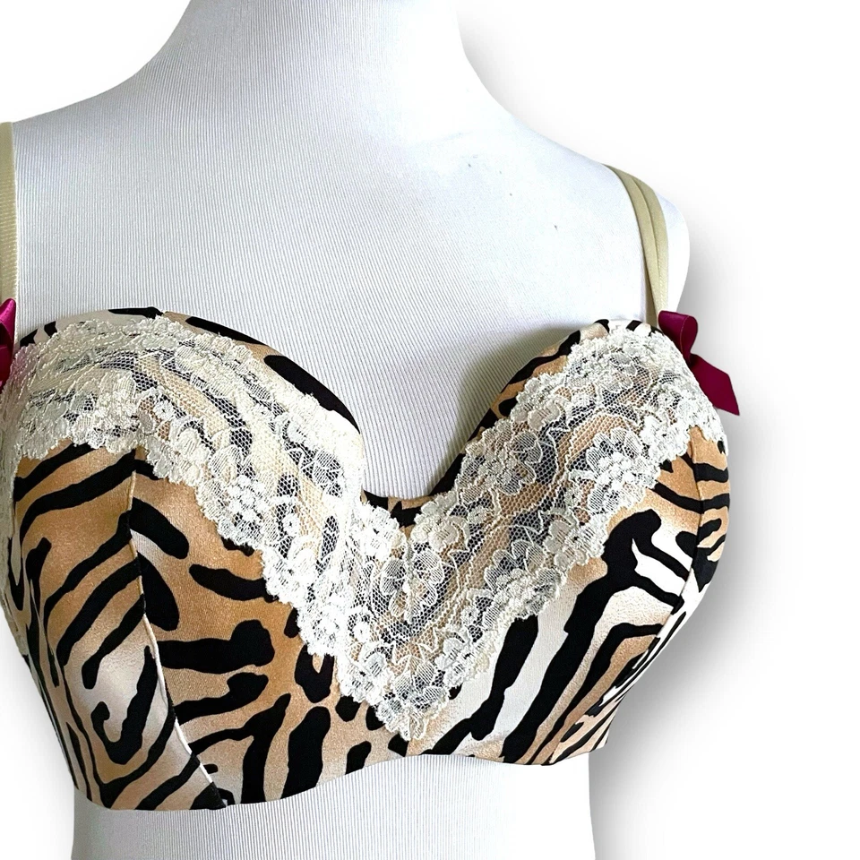 Cacique 40D Bra Tan Black Animal Print Pink Bow Lace Underwire Demi Balconette - Image 2 of 4