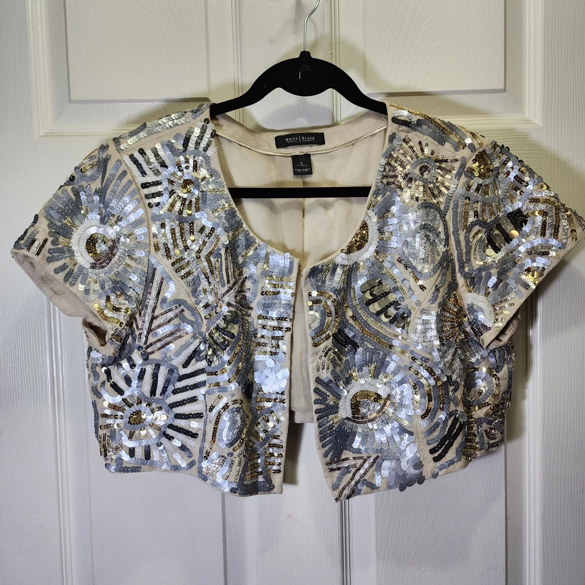 WHITE HOUSE BLACK MARKET ~ Silver Sequin Bolero Jacket Size Large | eBay