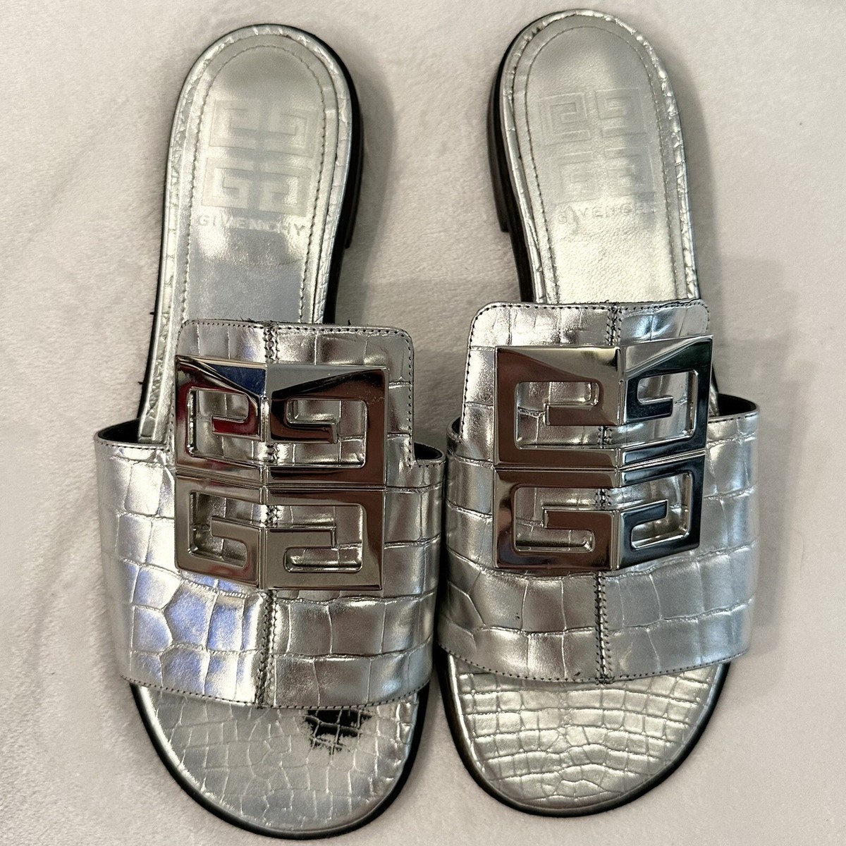 Givenchy Silver Croc 4G Logo Leather Flat Mules Slide