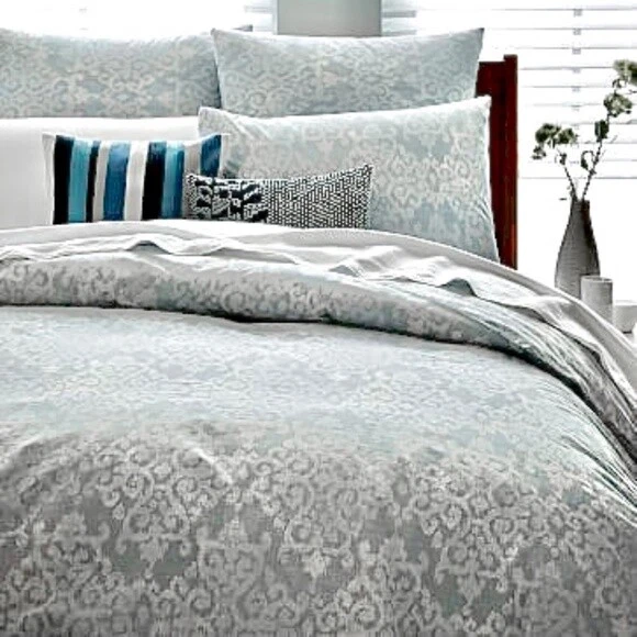 West Elm Organic Cotton Pillow Sham Frost Gray Scroll Arabesque Standard Set 2 - Image 2 of 4