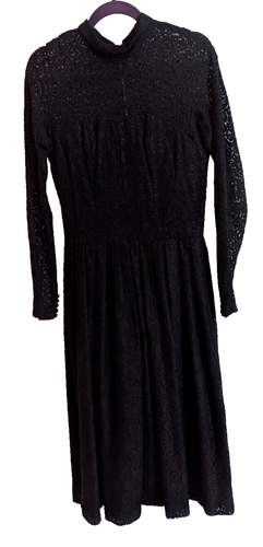 Vintage 70er schwarz Spitze Langarm Midi Plissee Kleid Gr. 16 Gothic A1