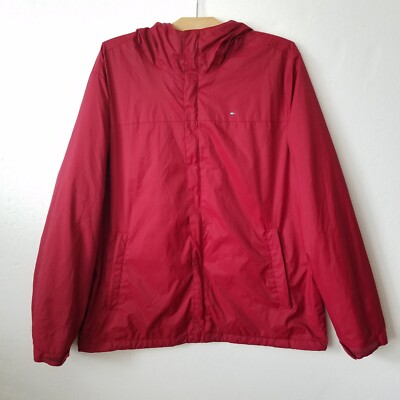 Tommy Hilfiger Mens XL Rain Jacket Windbreaker Hooded Zipped Up Burgundy 