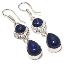 Lapis Lazuli Gemstone Handmade 925 Sterling Silver Jewelry Earring Sz 2.25"
