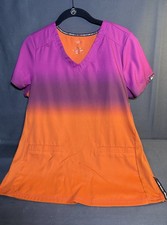 Koi Lite Women  s Scrub Top Small Slim Fit Fuchsia To Orange Ombr  V-Neck Pockets
