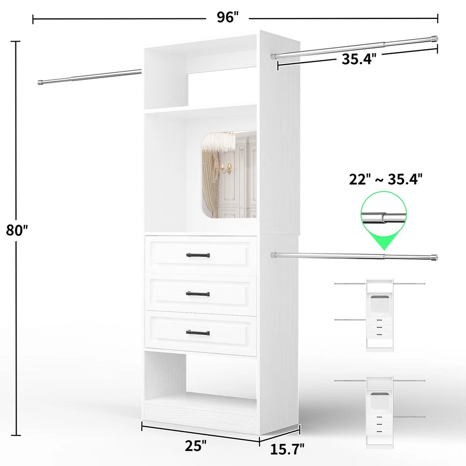 48''-96'' Walk-in Closet Organizer System with Mirror ＆ Drawers ＆ 3 Hanging Rods - Image 2 of 2