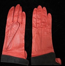 Vintage Hansen Red Leather Gloves Black suede trim Women Driving Size 7