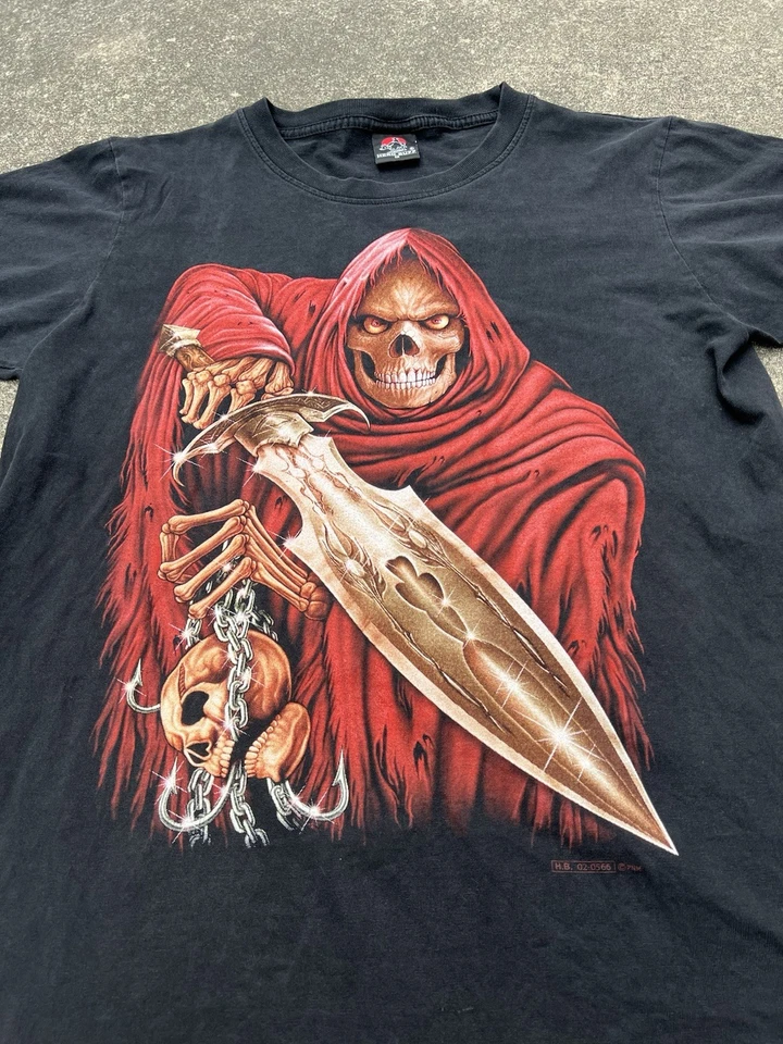 Camiseta De Colección Y2K Años 2000 Hero Buff Parca Calavera Cadenas Doble Cara Talla M Foto 2 de 4